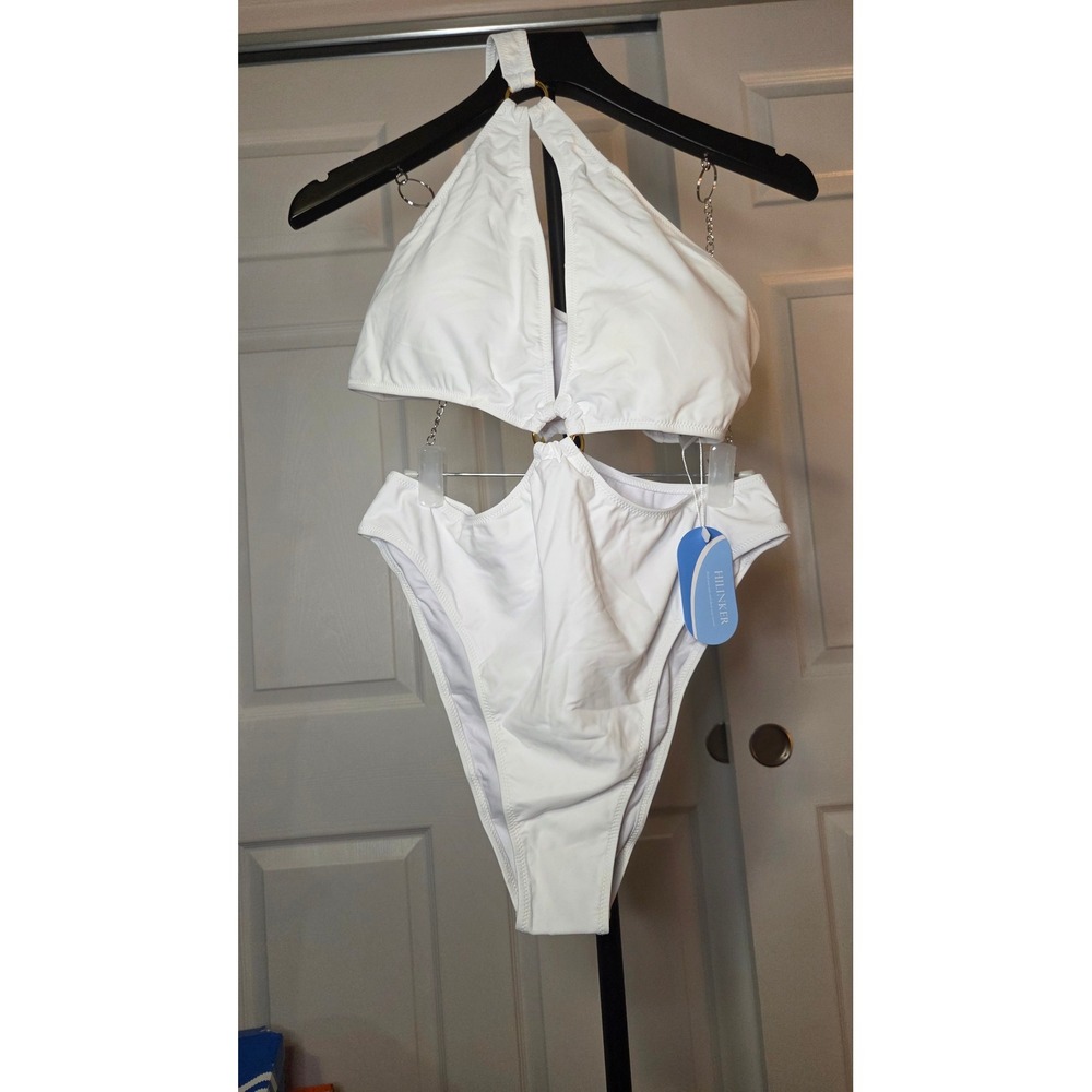 Hilinker White Cutout Monokini Swimsuit Halter Gold Ring Chain Detail XL NEW